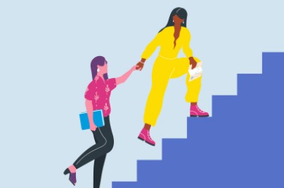 illustration of one woman leading another woman up stairs by the hand